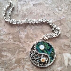 Rainbow Iridescent Abalone Ying Yang Silver Vintage Necklace 11 inch length